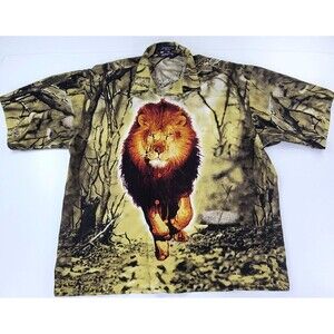Perruzo Sport Shirt Mens XXL Short Sleeve Lion Big Print Button Up Vintage 90s